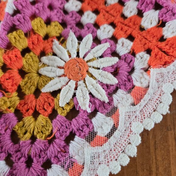 Handmade Upcycled Granny Square Hippie chic Bandana Vintage‎ lace trim Purple - Picture 5 of 5